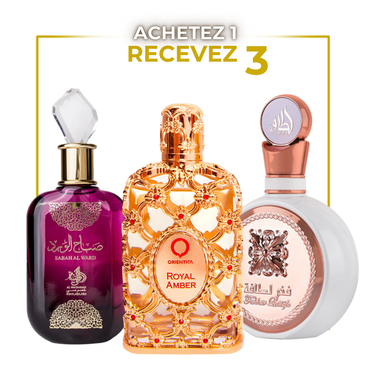 Pack Trio Parfums Arabes pour Femme – Sabah Rose | Royal Amber | Fakhar Blanc